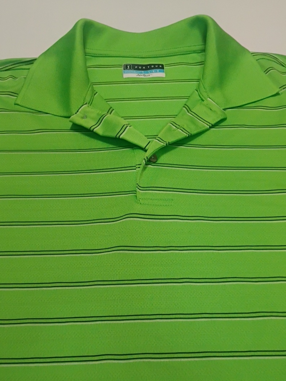PGA Tour Mens Bright Lime Green Striped Polo Short Sleeve